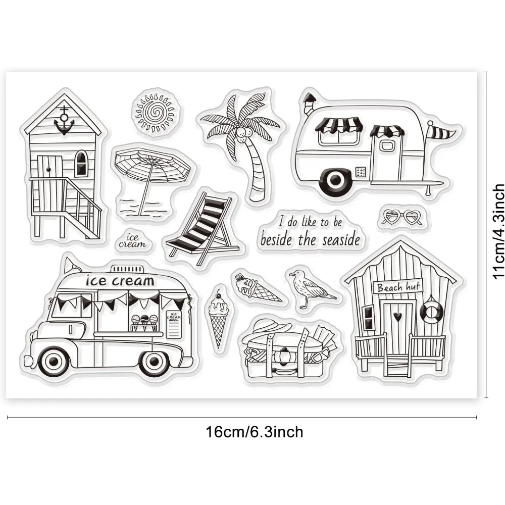 Vacation House Silicone Clear Stamps Ice Cream Cart Beach Summer Transparent Stamps for Birthday Valentine's Day Cards Making