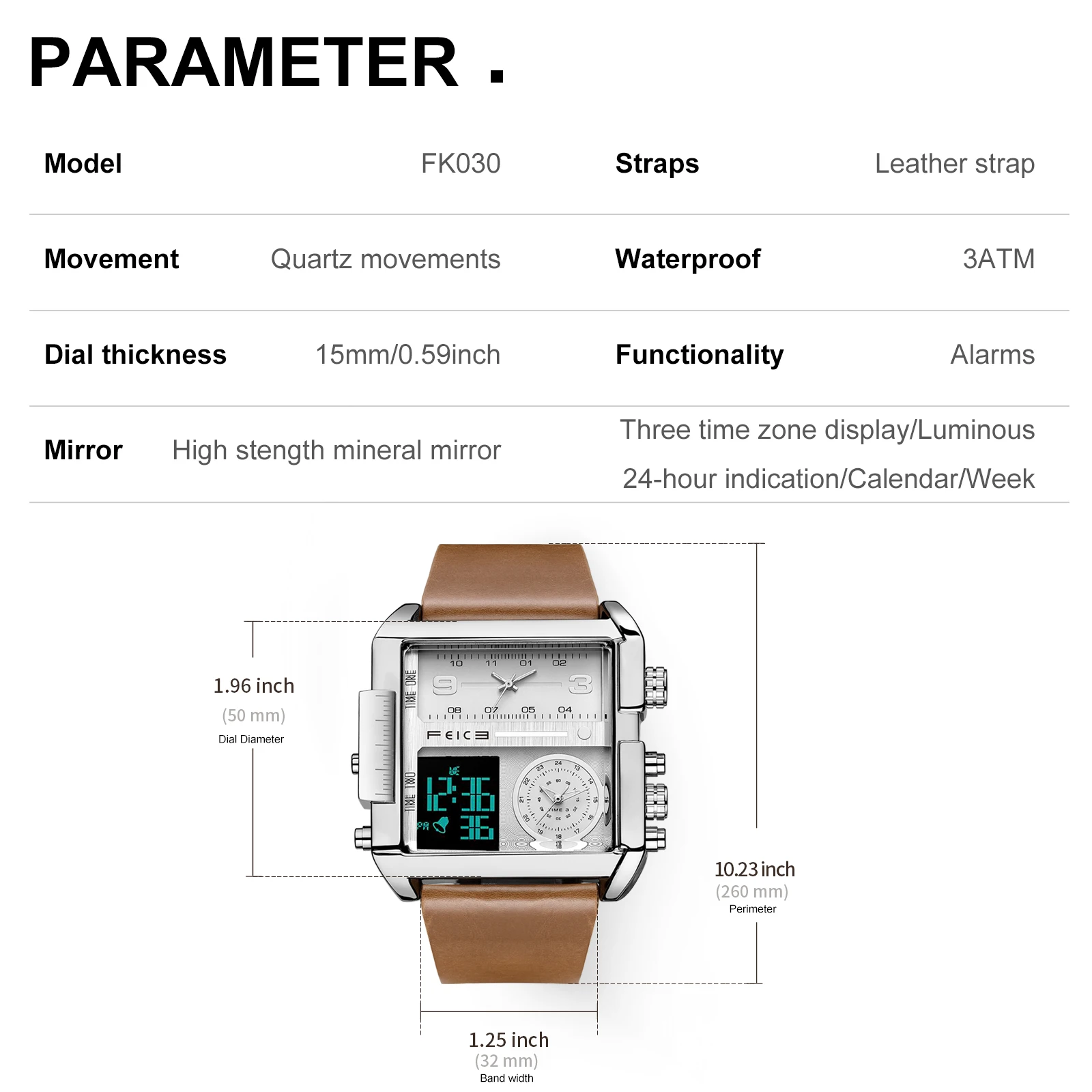 FEICE Watches for Men Big Dial Digital LED Analog Quartz Waterproof Wristwatch Business Men’s Watch Square Leather Band FK030
