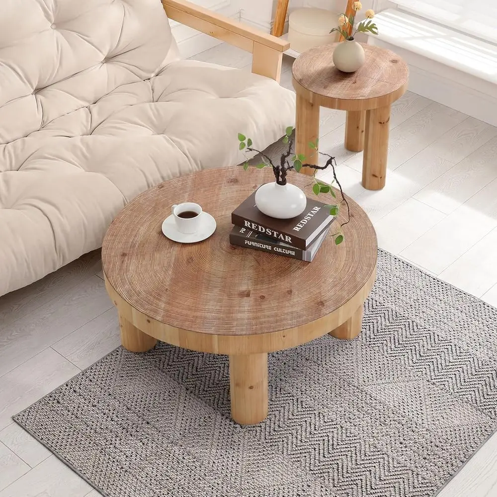 Round Natural Wooden Farmhouse Coffee Table Set with Rustic Style and Solid Legs for Living Room