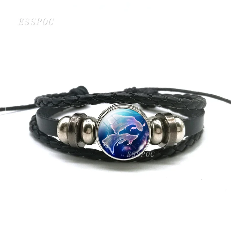 12 Zodiac Signs Constellations Black Button Woven Leather Bracelet Glass Dome Jewelry Men Aries Libra Libra Leo Birthday Gift