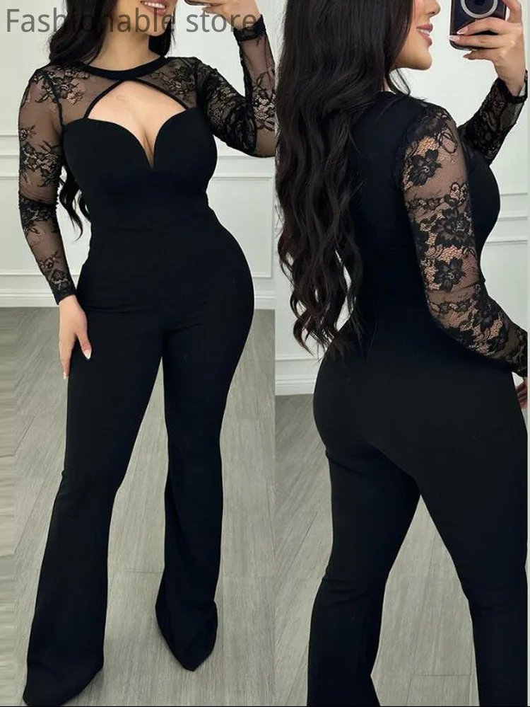 

Women Sexy Solid Color Sheer Lace Patchwork Long Sleeve Cutout Bootcut Jumpsuit