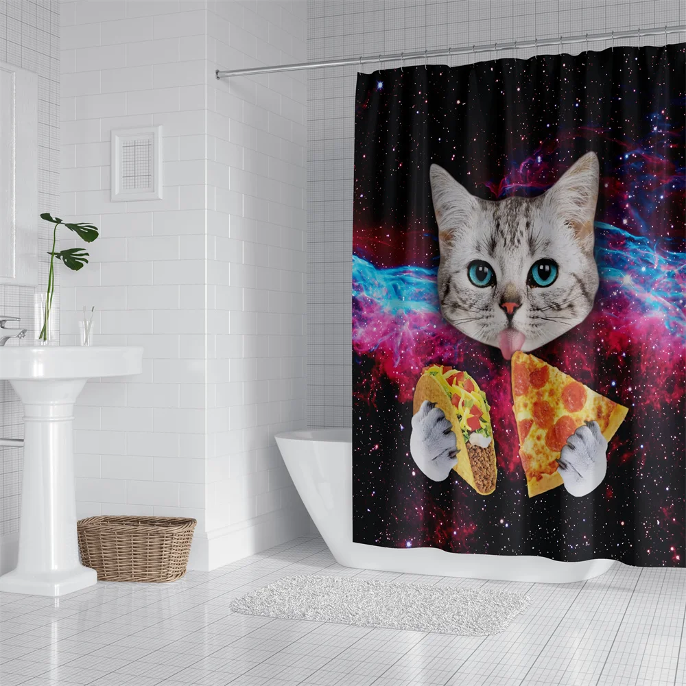 1pc Pizza Cat Shower Curtain Bathroom Partition Decorative Curtain Machine Washable Cute Cat Print Window Privacy Curtain