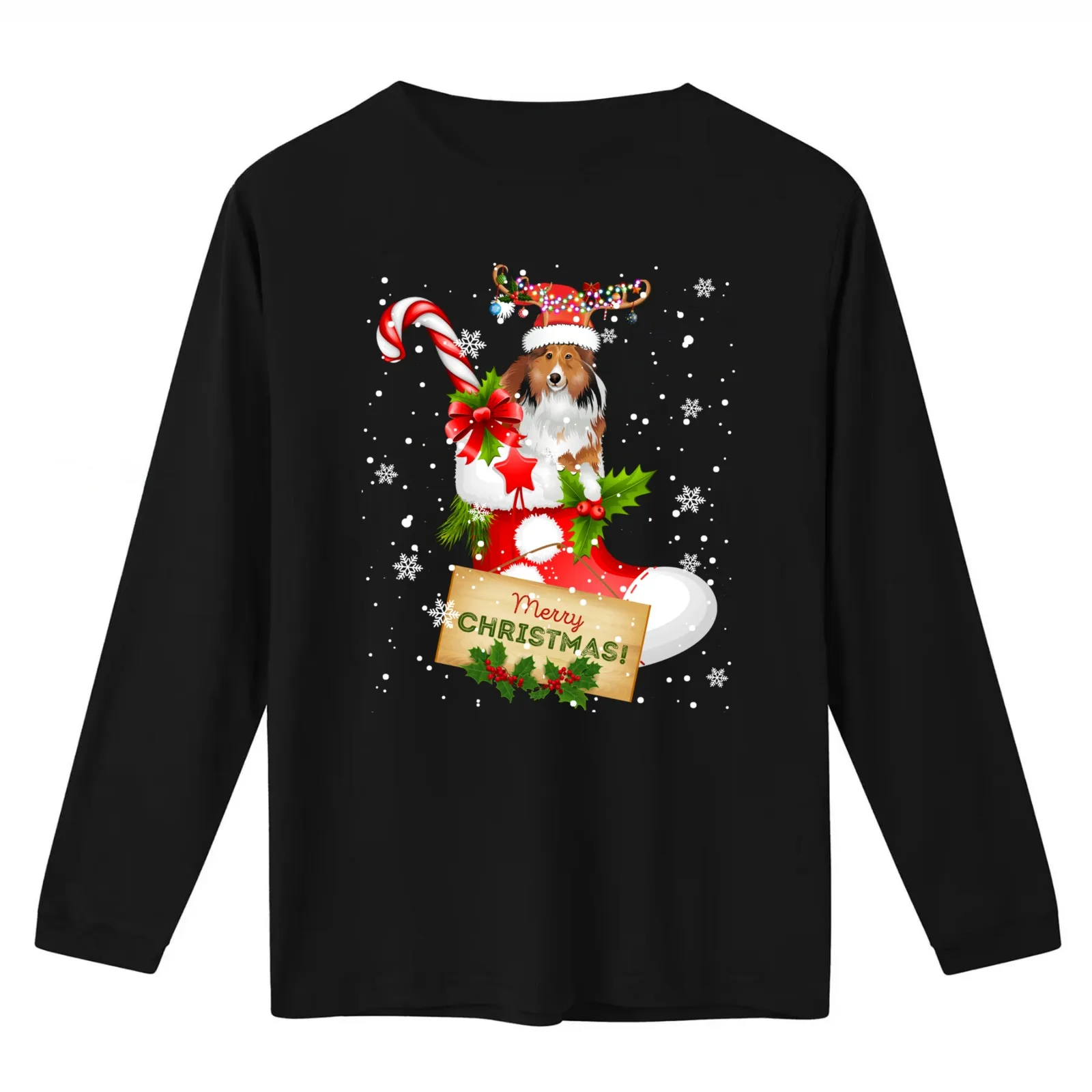 Merry Christmas Xmas Lights Santa Reindeer Sheltie In Sock Long Sleeve T-Shirt Summer Casual Cotton Tee Vintage Graphic Print