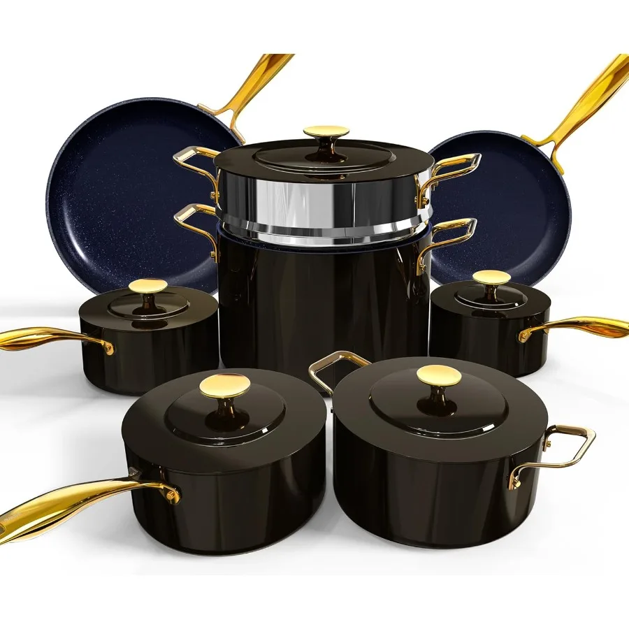 

13-Pc Cookware Set with Elegant Gold Handle, Diamond Infused Ceramic Non-Stick, PFAS Free, Premium Metal Lids, Ergonomic Stay-Co