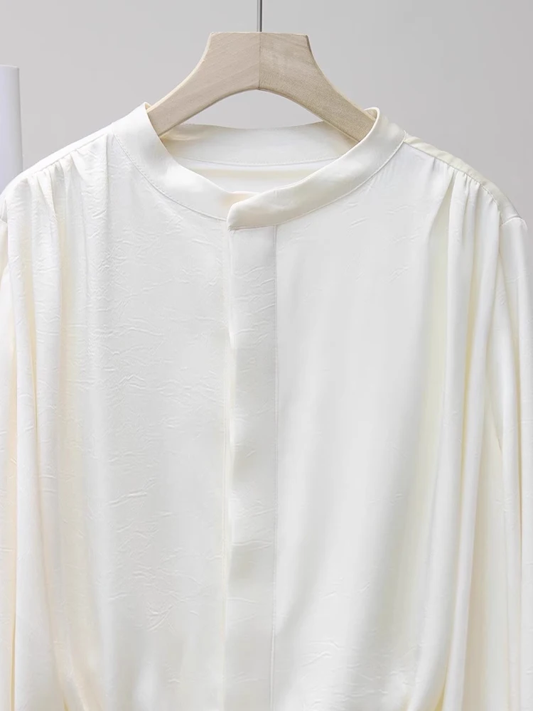 Długi, luźny top damski z satyny acetatowej, zapinany na jeden guzik, wyszczuplający, casualowy, jedwabny, idealny do pracy.