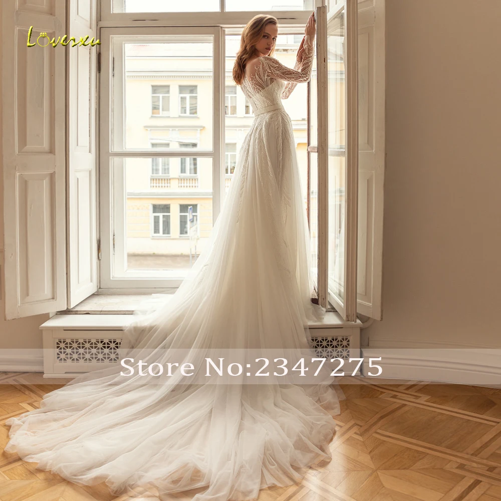 Loverxu A-Line Romantic Wedding Dresses O-Neck Long Sleeve Vestido De Novia Lace Sequined Luxury Custom Made Robe De Mariee