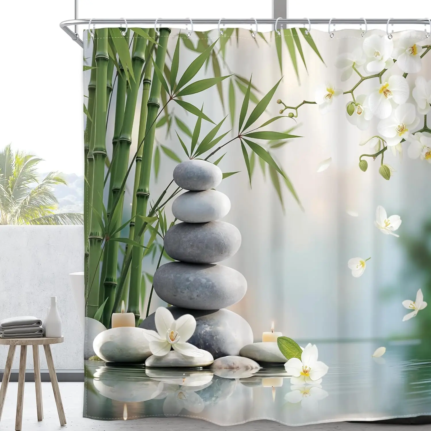 Zen Stone Meditation Shower Curtain Green Bamboo White Orchid Spa Meditation Inspirational Positive Spa Relaxing Candle Botany