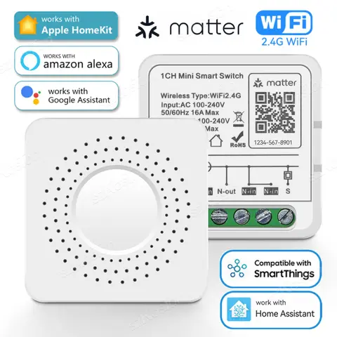 Homekit Smartthings 홈 어시스턴트 16A 스마트 홈 자동화 릴레이 모듈용 Matter WiFi 스마트 스위치는 Alexa Google과 함께 작동합니다.