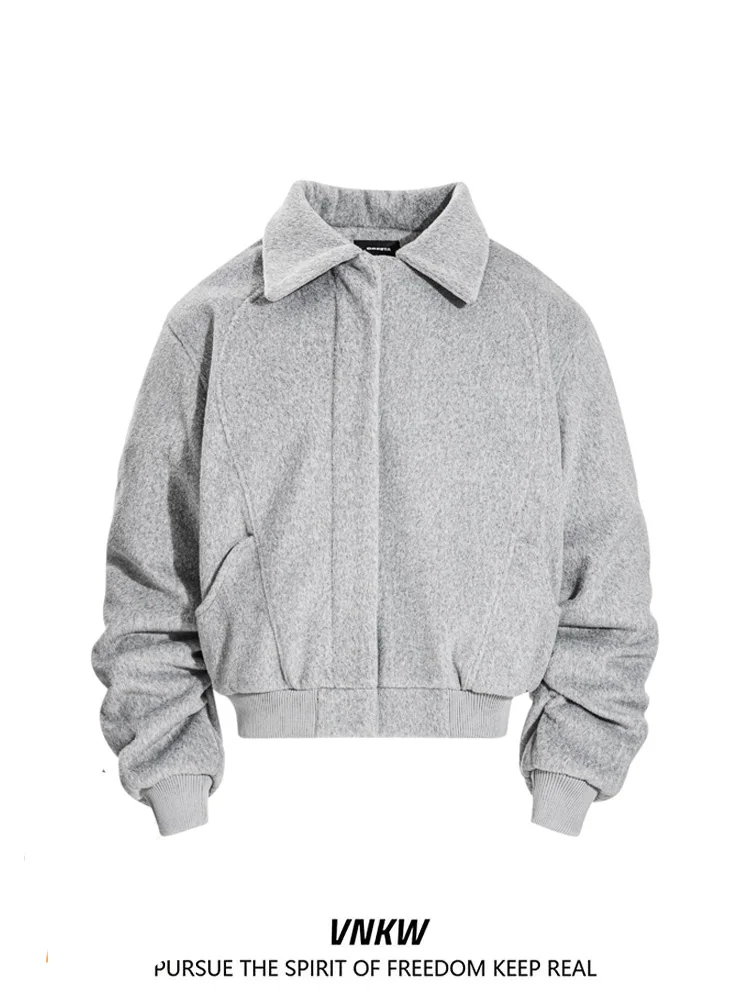 

ey Woolen ort Jaet Men's Loose Fit Retro Cleanfit Workwear Coat Stand Sle Pure Color Cotton Fabric Youth Trend