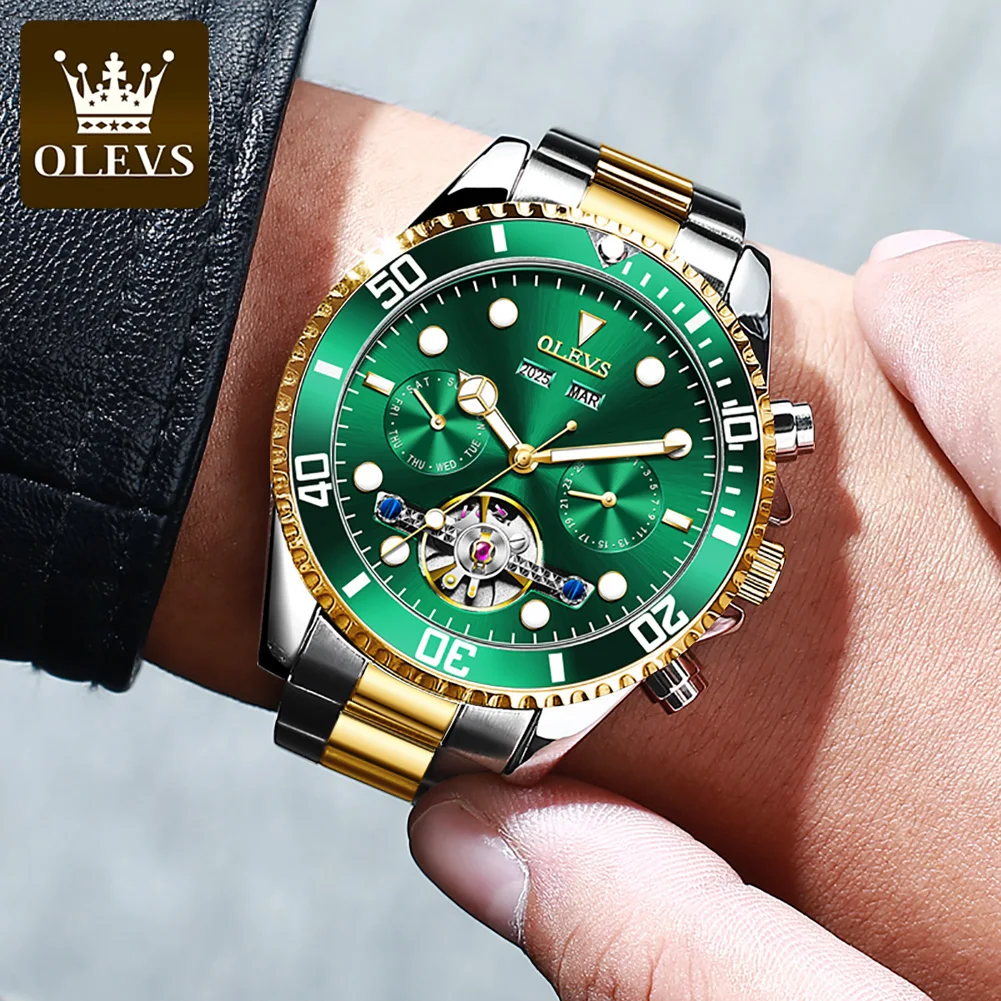 OLEVS Automatic Mechanical Watch for Men 42.8mm Big Dial Green Water Ghost Men\'s Wrist Watches Luxury Skeleton Noctilucent Watch