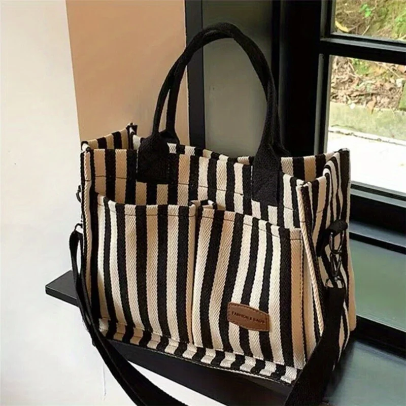 Cool Street Handbag, Large Capacity Women's Shoulder Bag, Trendy Striped Canvas Crossbody Bag, Fashion Travel Shopping Tote Bag