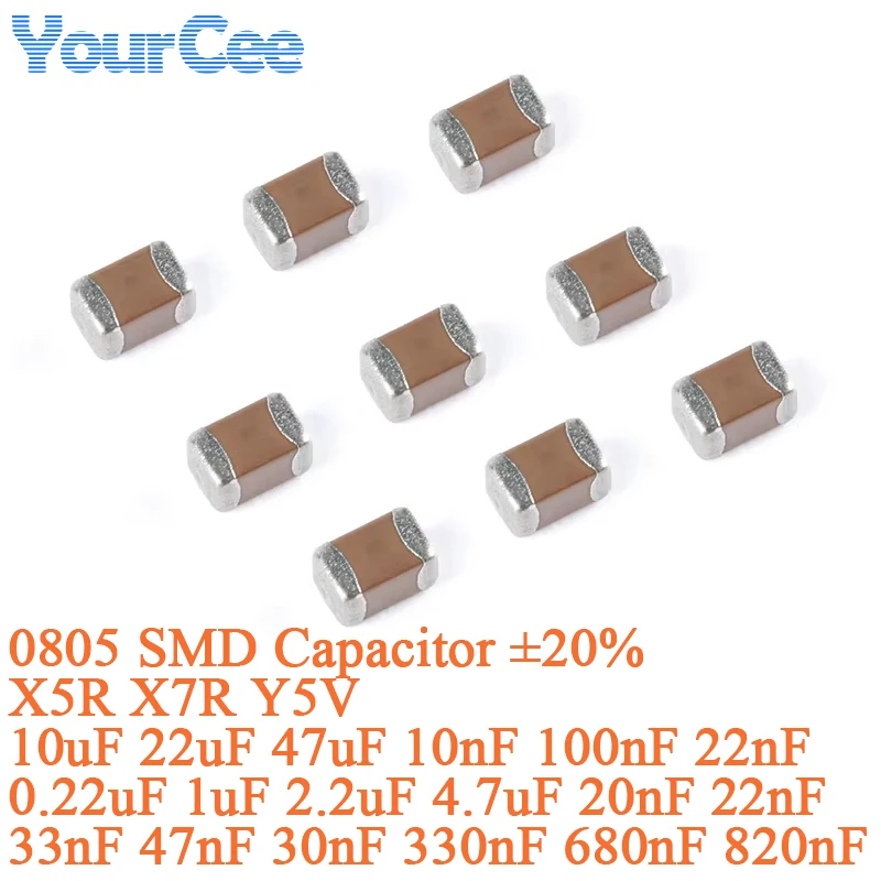 100pcs 0805 SMD Capacitor ±20% X5R X7R Y5V 10uF 22uF 47uF 10nF 100nF 22nF 0.22uF 1uF 2.2uF 20nF 22nF 33nF 47nF 30nF 680nF