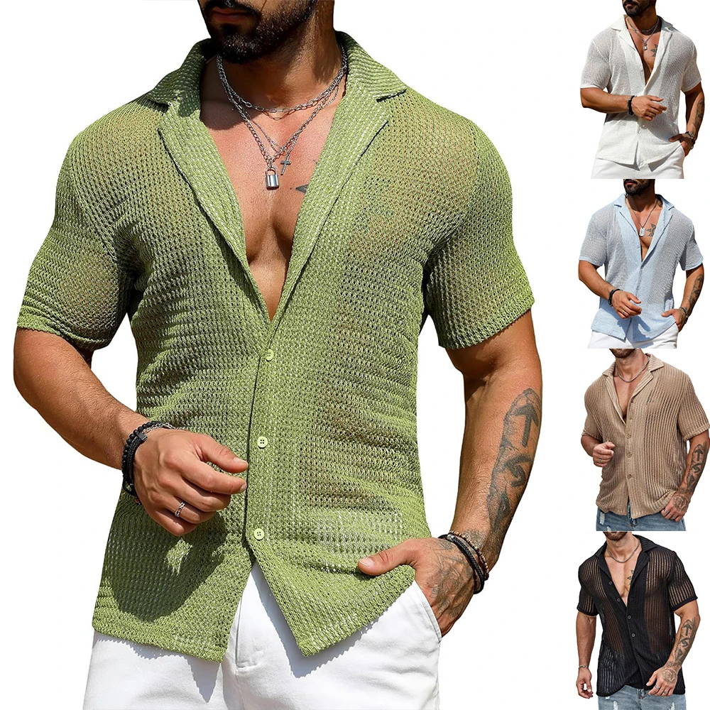 Camisa informal de manga corta para hombre, cárdigan transpirable de Color sólido, Top de punto, moda de verano, europeo y americano, novedad de 2024