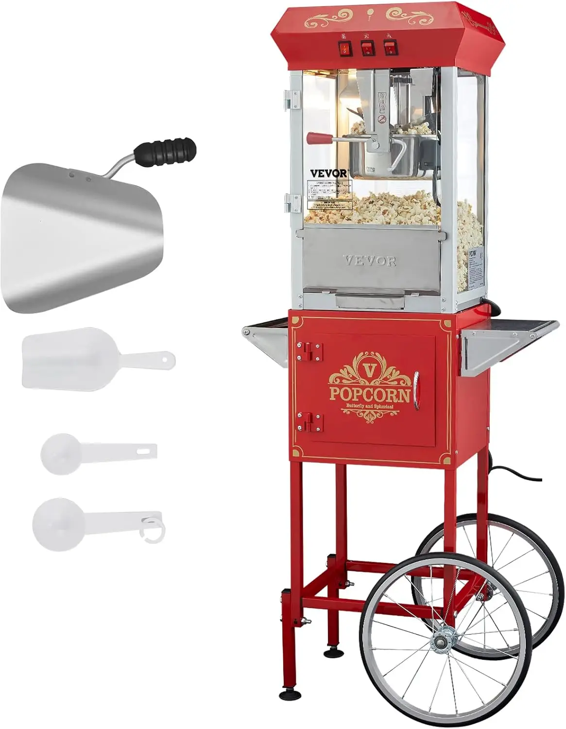 Commercial Popcorn Machine, 8 Oz Kettle, 850 W Popcorn Maker on Wheels for 48 Cups per Batch, Theater Style Popper with 3-Switch