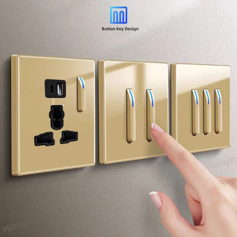 Wall Light Key Self Resetting Switch Panel Golden Brushed Glass UK13A Power Socket with USB-C Charging Universal Power Socket