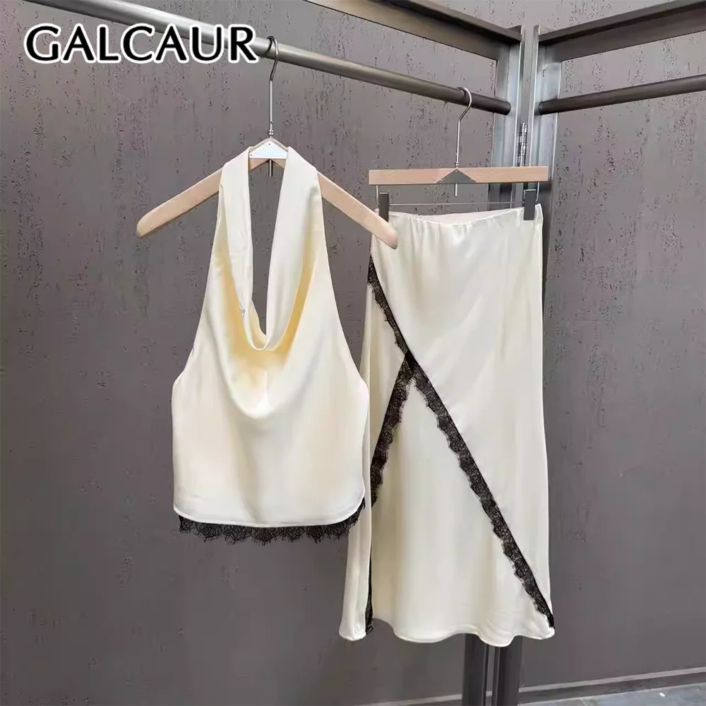 

GALCAUR Solid Slimming Spliced Lace Two Piece Sets for Women Halter Neck Sleeveless Top Patchwork Zipper Skirt Set Feamle New