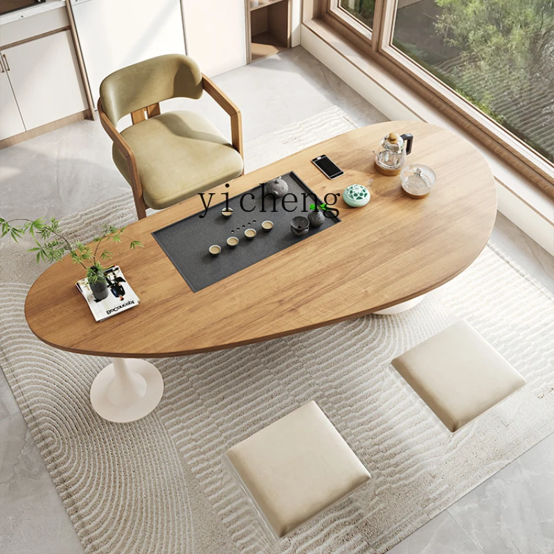 

ZC creative solid wood tea table office dining table integrated dual-purpose log board tea table and chairs