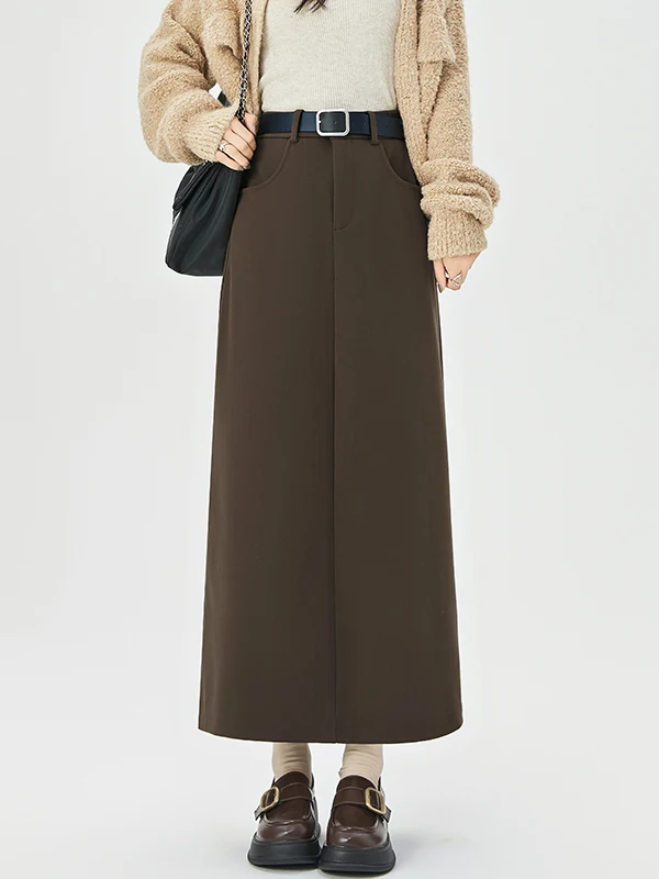Fashionable High Waist Straight Leg Woolen  Skirt Women's Autumn Winter Pocket Detail Commute Style Half Body Skirt