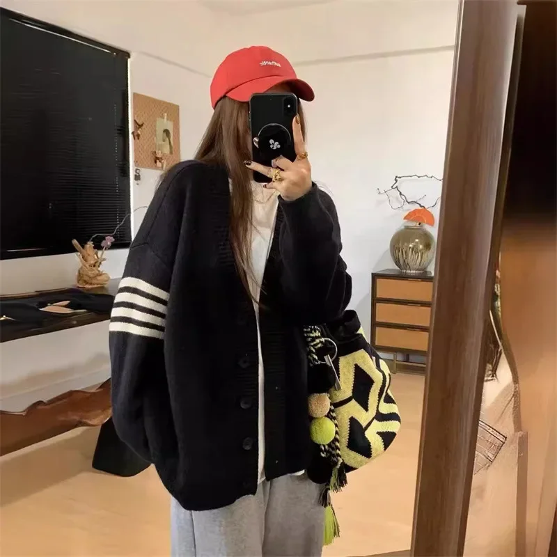 

Autumn Winter Sweater Coat Color Block Striped New Korean Version Loose Knitted V-Neck Cardigan Women's Casual Style