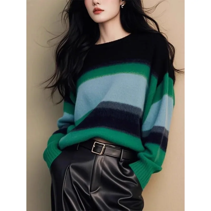 

Sweater Autumn and Winter Women's Pullover Round Neck Bottoming Shirt Contrast Striped Sweater Loose Top