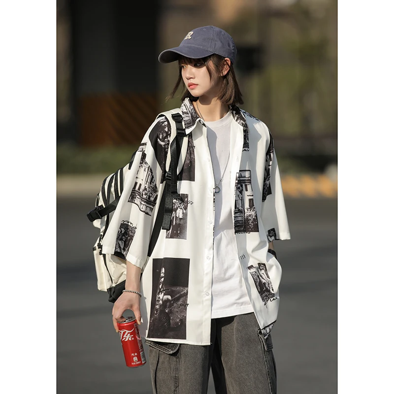 

Japanese Style Short Sleeve Shirt Light Jacket Vintage Print Design Summer Thin Outerwear for Men Casual Loose Fit Button up