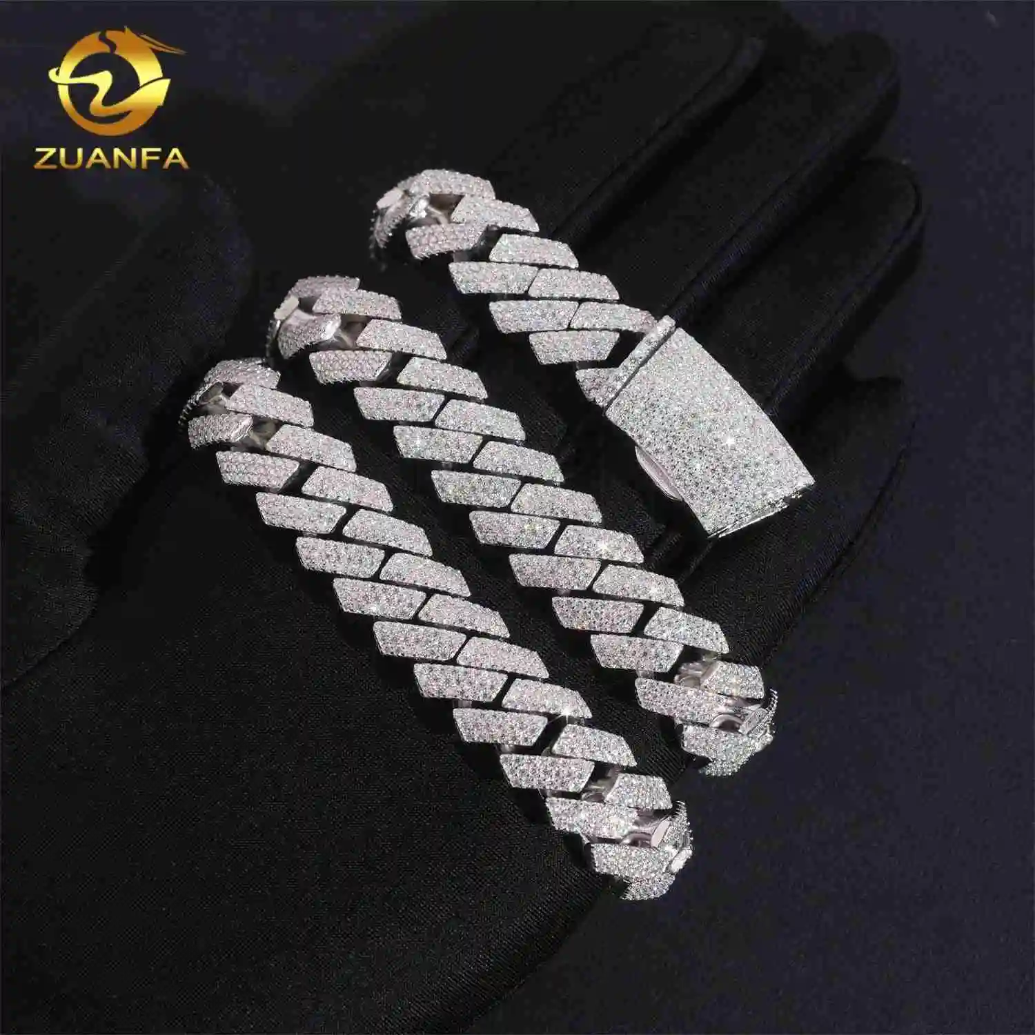 

Hip Hop Fine Jewelry Iced Out 3 Rows Diamond 15mm Width 925 Sterling Silver Cuban Link Chain Necklace
