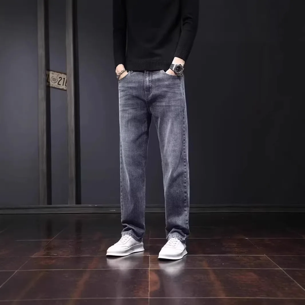 2026 Spring Autumn Elastic Denim Jeans Men's Casual Korean Style Slim Straight Men's Jeans Leisure Fashion Long Pants Black Gray