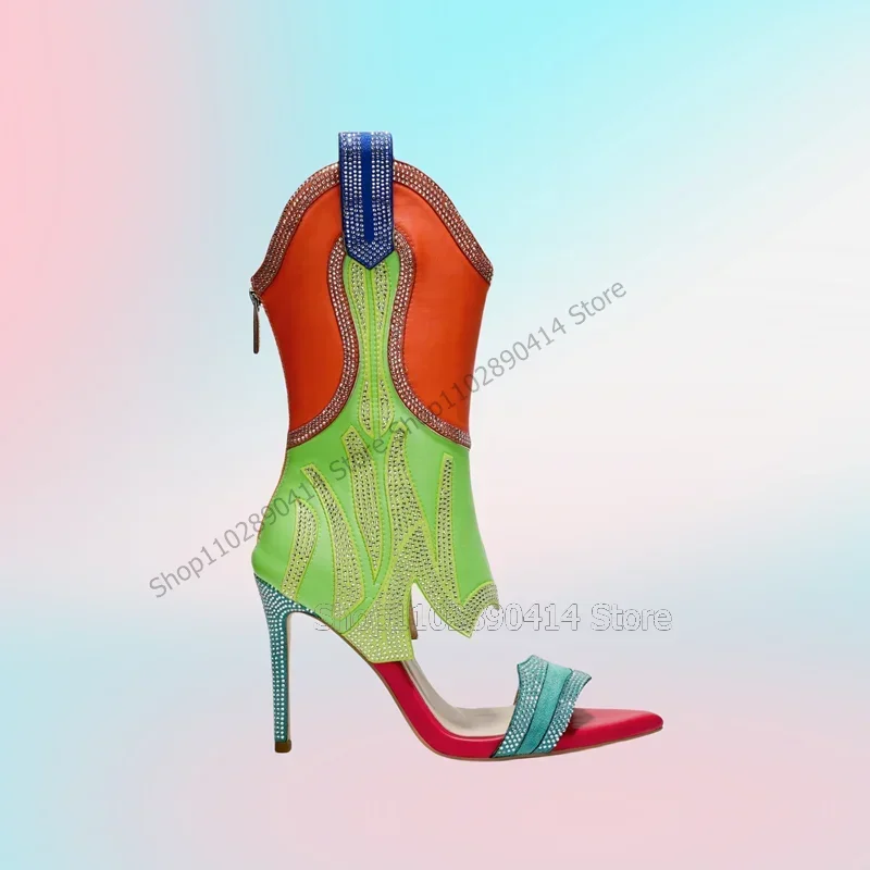 

Mixed Color Crystal Totem Design Open Toe Sandals Boots Back Zipper Women Shoes Thin High Heels Fashion 2023 Zapatos Para Mujere