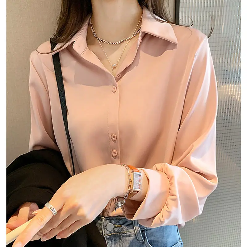 Elegant Fashion Korean White Long Sleeve Covered Button Comfortable Blouses Straight Loose Wild Solid Color Shirt Women Clothing