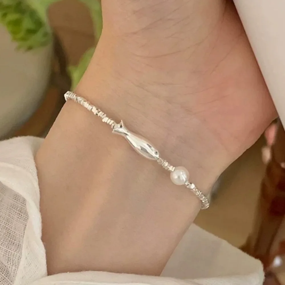 Luxury Cute 925 Sterling Silver Fish Pearl Broken Silver Beads Adjustable Bracelets for Women Allergy Minimalist Jewelry Gifts