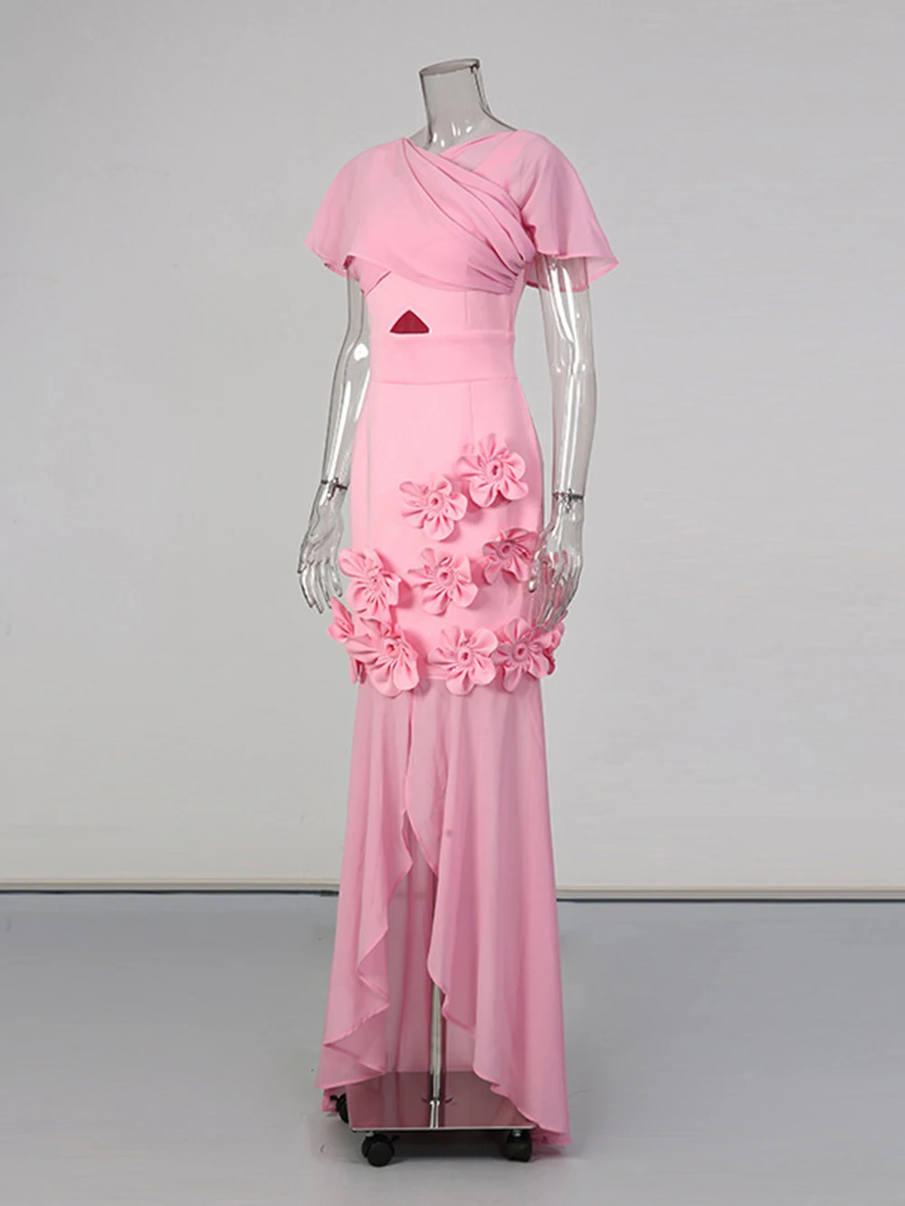 Modphy Elegant Patchwork Appliques Slim Long Dress Raglan Sleeve Pink Flower Sexy Front Slit Maxi Dress Celebrity Evening Party