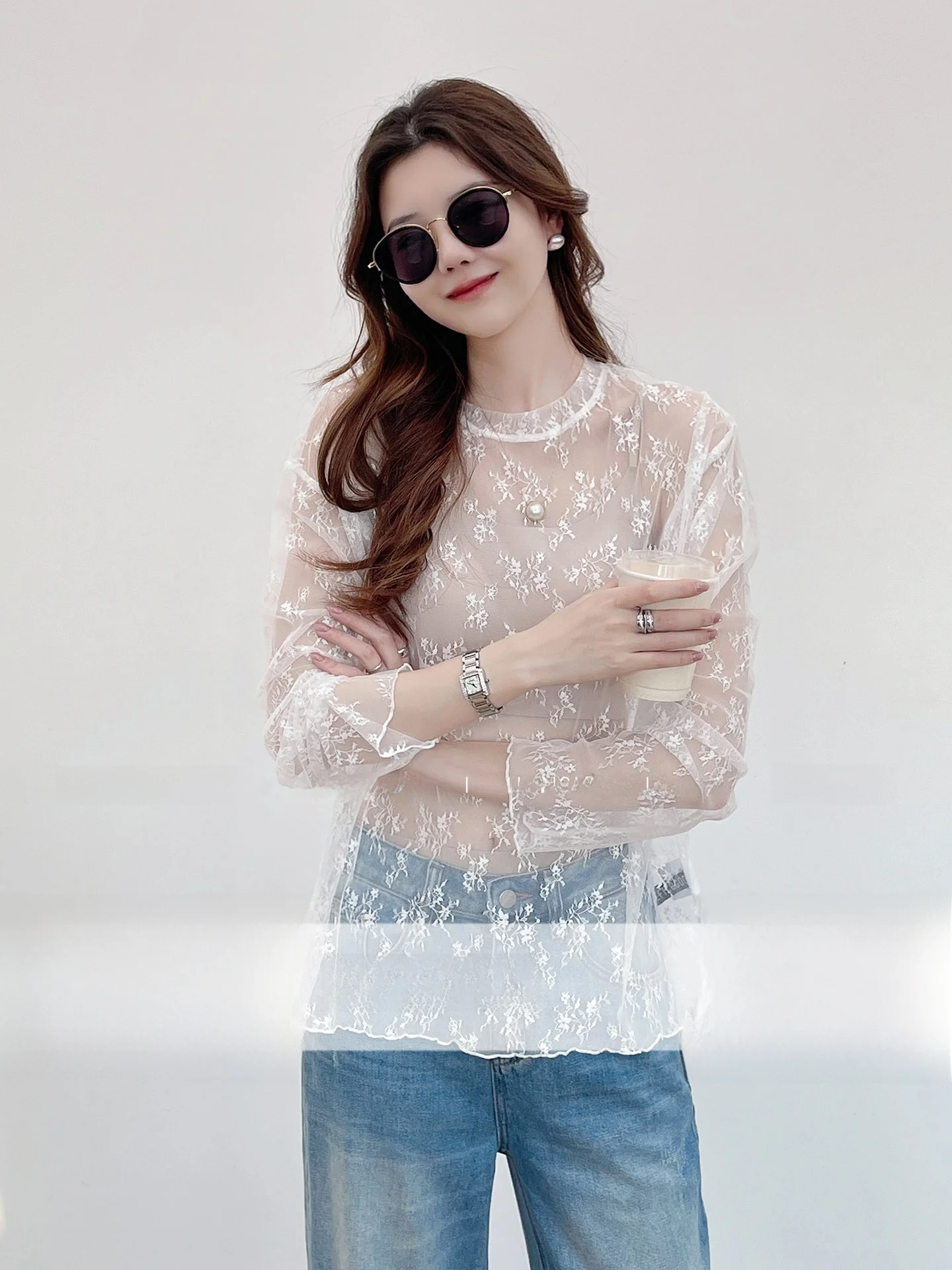 

Корейская модная белая кружевная вышитая длинная футболка с круглым вырезом, многослойная, весенняя новинка, женская футболка