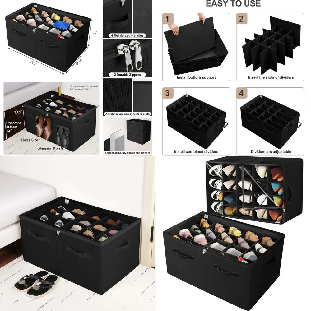 2-Pack Foldable Shoe Organizers with Clear Covers, Adjustable Dividers, and Reinforced Handles, Black, TP11B, Fits up to 40 Pair