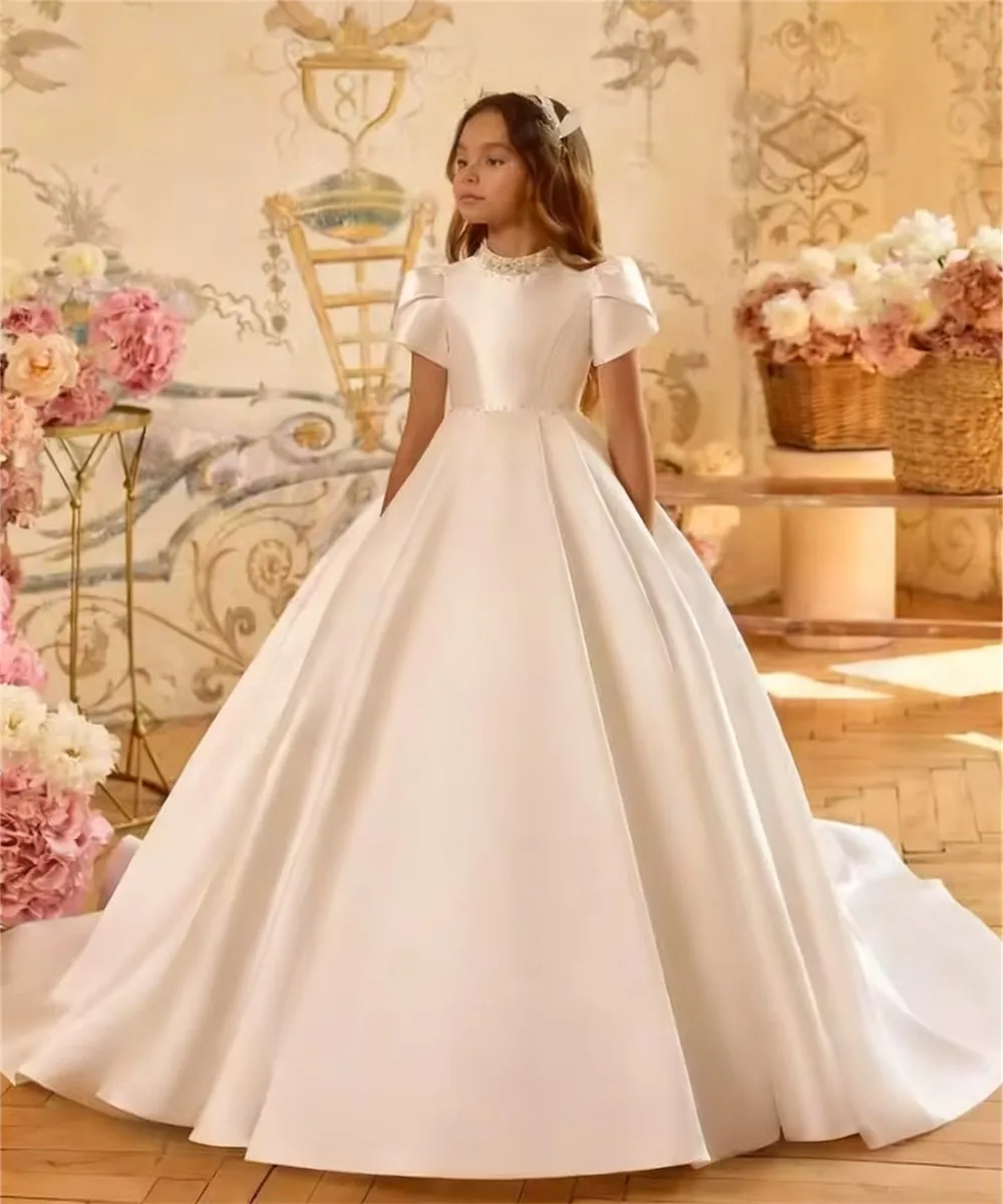 

Elegant Flower Girl Wedding Dress Satin Beaded with Bow Puffy Kids Birthday Party Dress Child First Communion Gown Customized