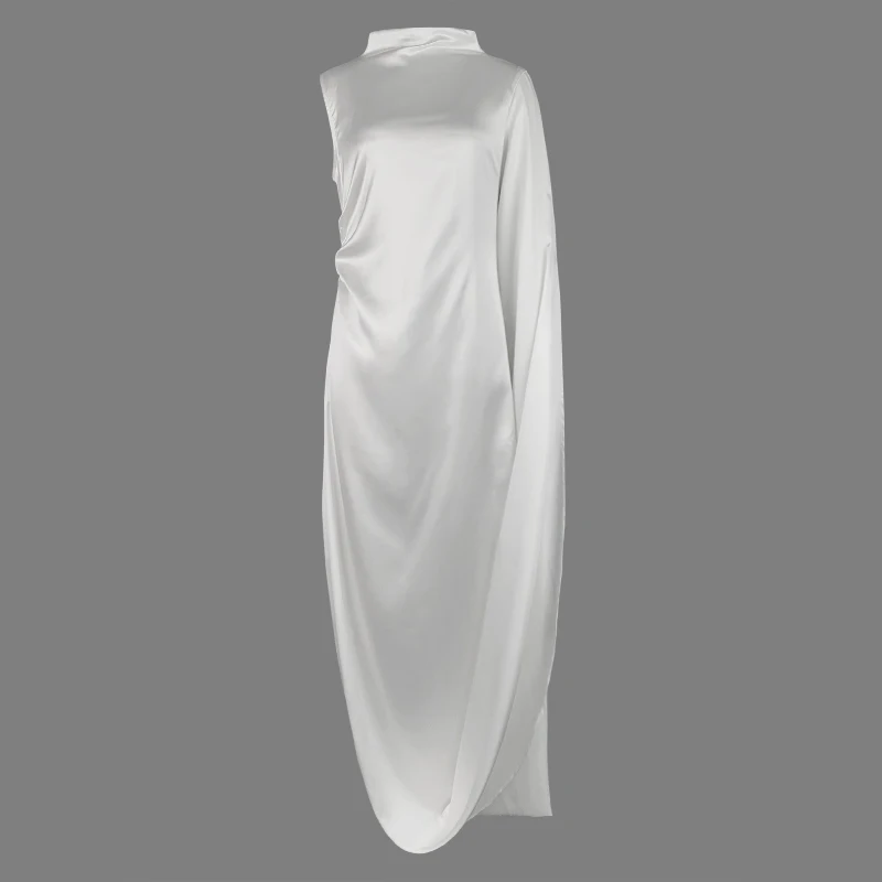 Female Ladies Solid White Elegant Evening Dress High Neck One-shoulder Flying Sleeve Slim Fit Maxi Dress for Women