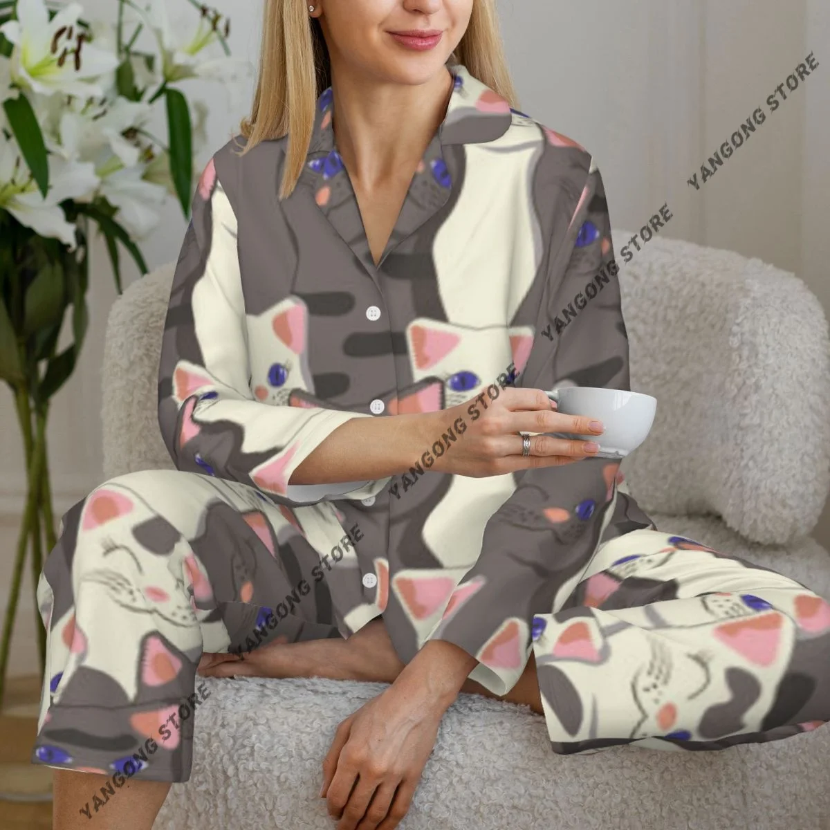 

Spring and Autumn Long Sleeve Pants Pajamas Loungewear Set Tabby And Spotted Cats Women's Pull Edge Loose Sleeping Suit