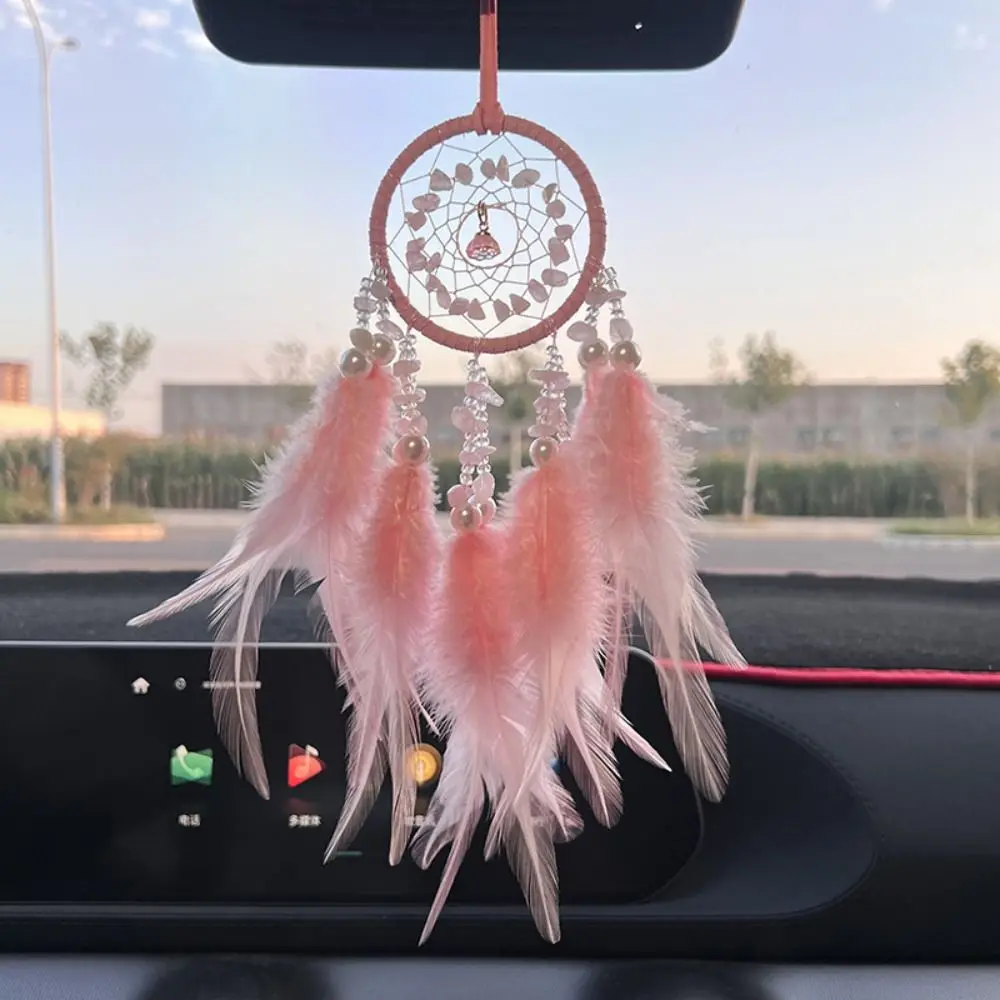 

Hand Knitting Dream Catching Wind Chimes Decoration Delicate Tassel Catching Pendant Feathers and Iron Ring Car Pendant