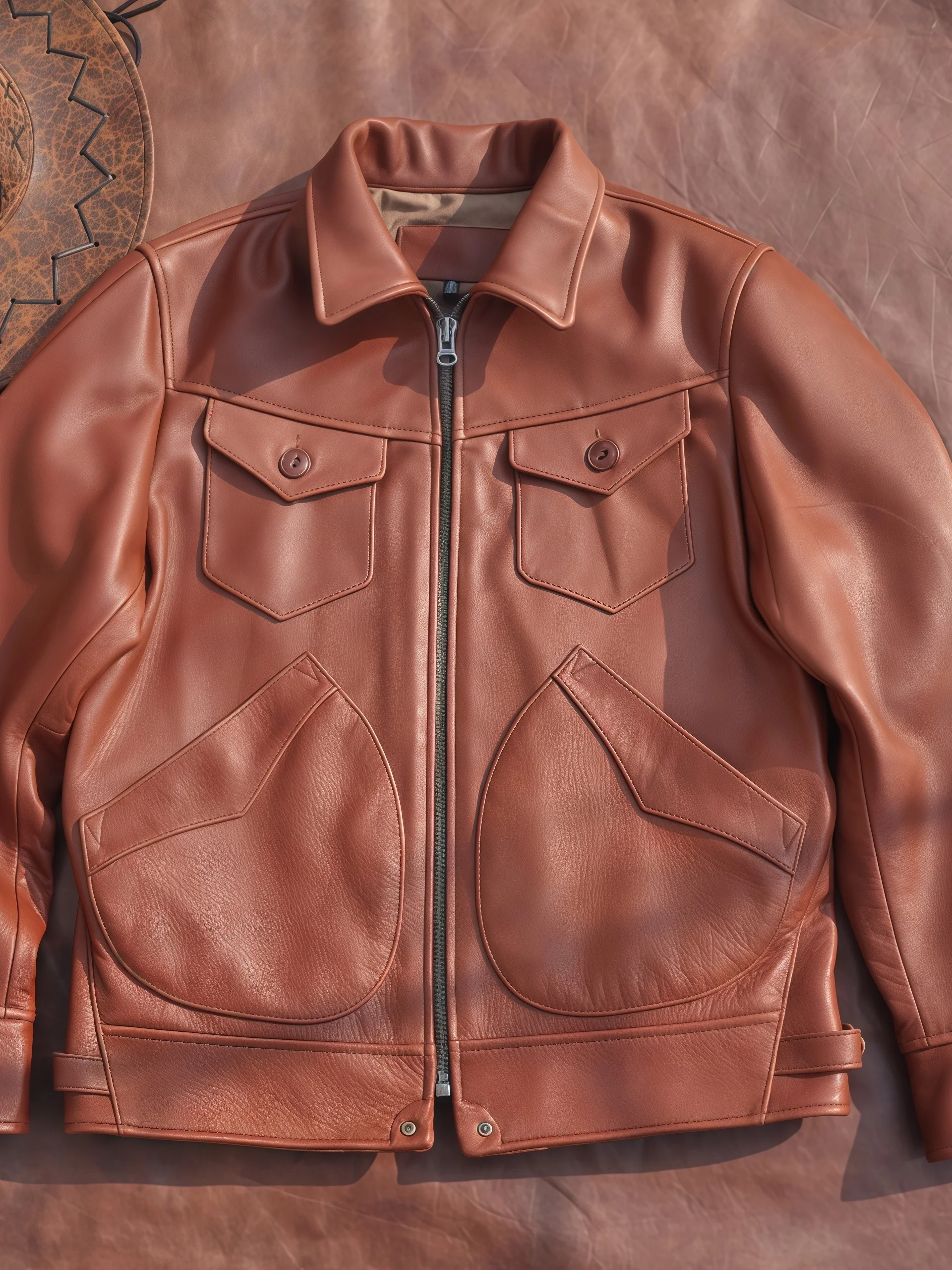 

Qingdao Genuine Leather Jacket Men's Mendoza Style Oil Wax Cowhide Short Coat Long Sleeve Button Cuff Straight Hem Zipper Clo...
