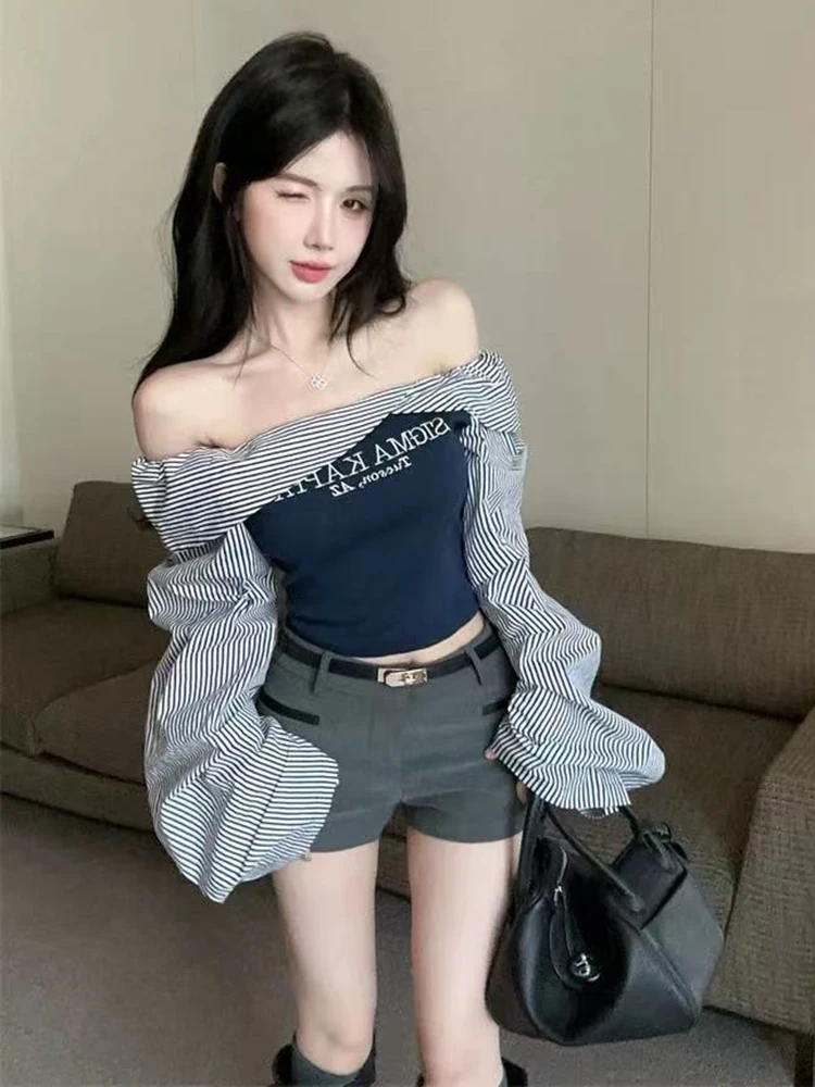 Sexy Slash Neck T Shirt Women Autumn Fashion Striped Patchwork Slim Long Sleeve Pullover Y2K Korean Chic Letter Print Streetwear