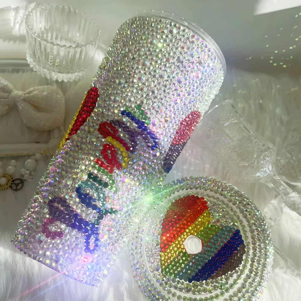 22oz Bling AB Crystal Heart Shaped Sweet Tumbler,Sparkle Rhinestone Rainbow Heart Shape Decorate Lucky Straw Cold Cup
