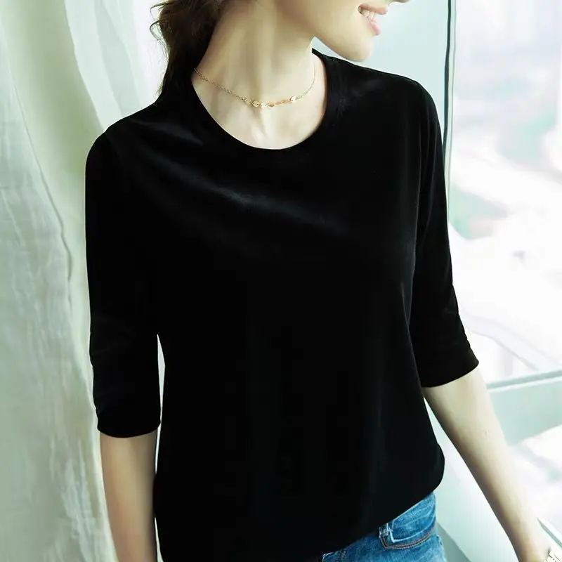 Korean women Summer half sleeve vintage velvet Blusas tops black brown blue velour shirts Office blusas femininas elegantes