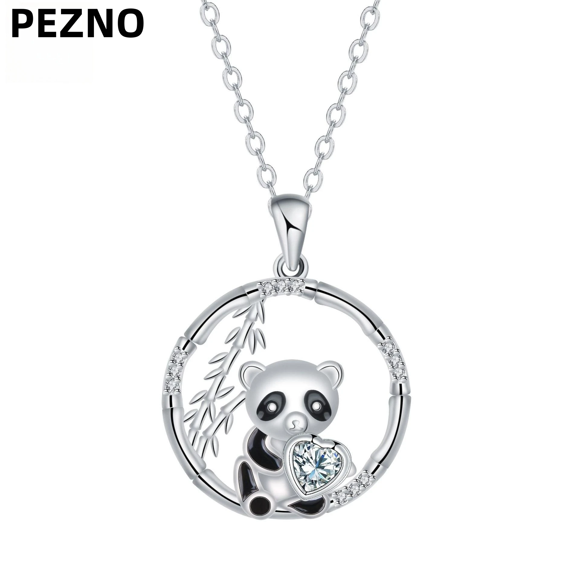 

PEZNO Cute Panda Necklace Pendant with Heart Zircon Stainless Steel Clavicle Chain Chinese Style Gift for Women
