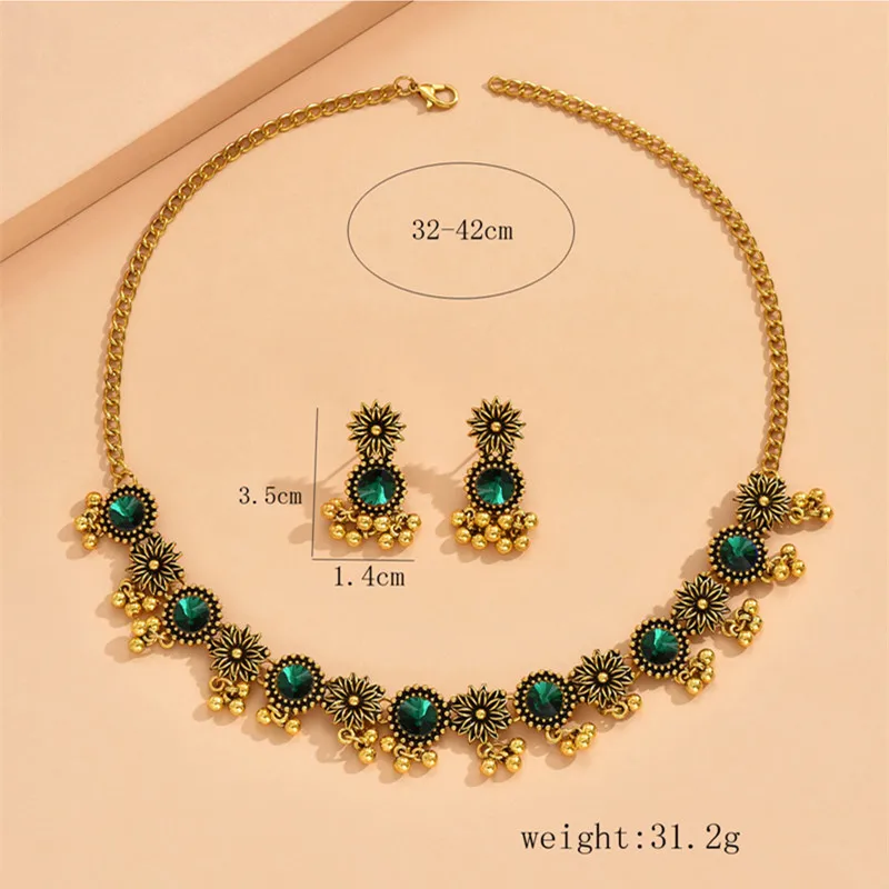 Vintage Crystal Flower Chunky Necklace Earrings For Women Vintage Metal Ball Beads Decoration Jewelry Set