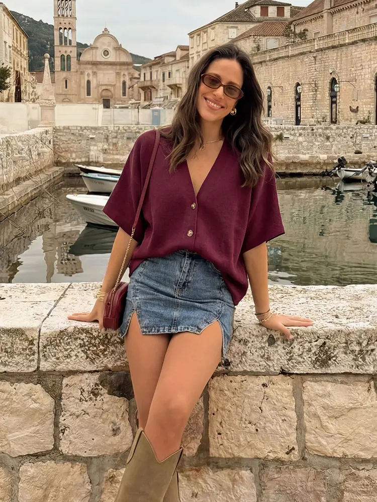

HH Womens Oversized Burgundy Sweater Top V Neck Short Sleeve Linen Blend with Gold Buttons for Vacation Beach Casual Sweaters