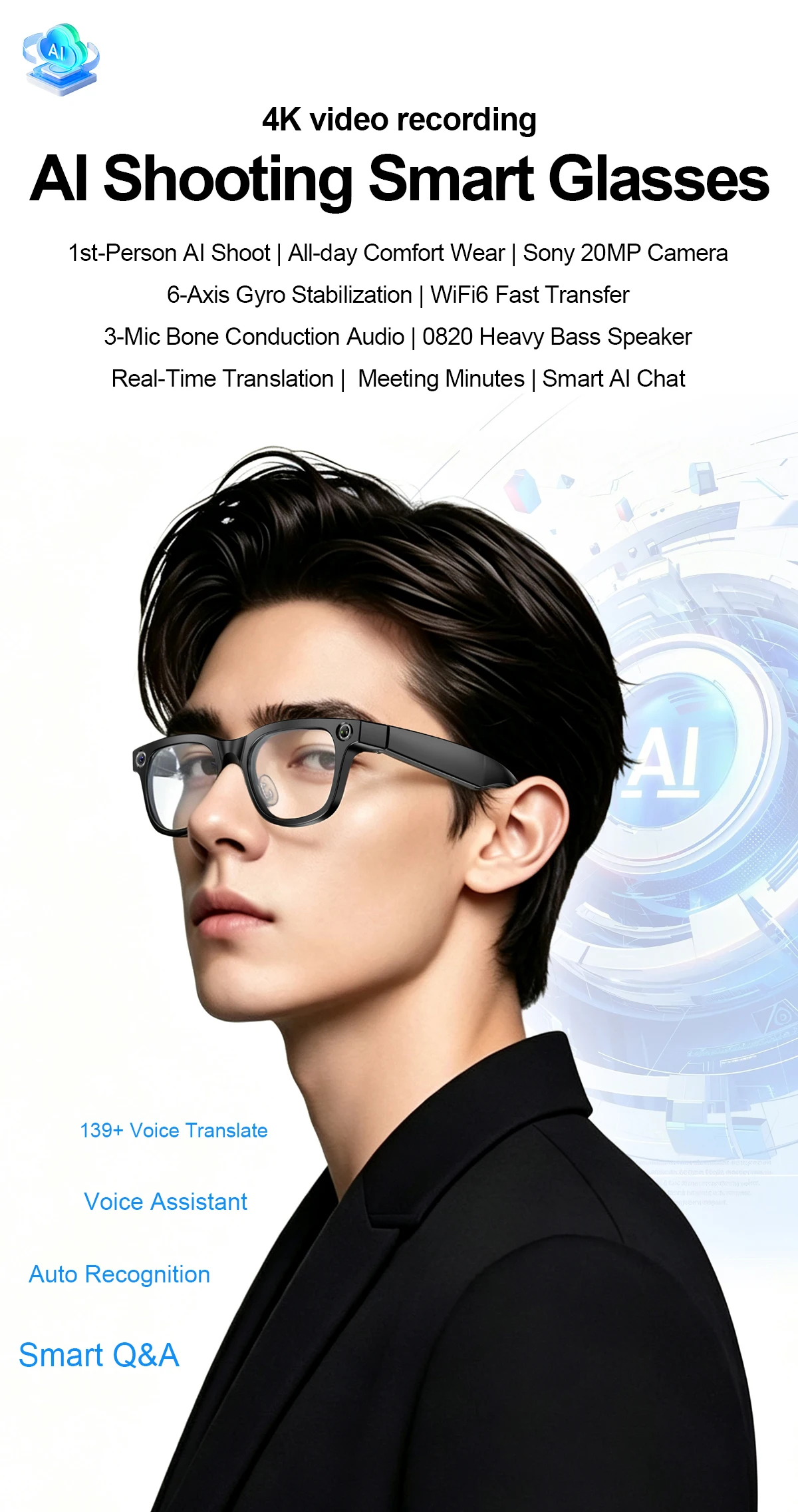 20MP AI Smart Glasses for Men & Women with ChatGPT, AI Voice Assistant, Music & Hands-Free Calls, Travel, Meeting