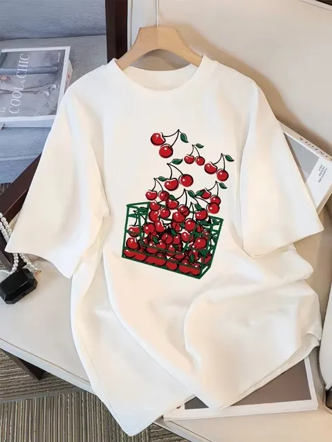 A Basket of Cherries Printing Female Tee Shirt Breathable Casual T-Shirts Summer Short Sleeve Streetwear Women T Shirt