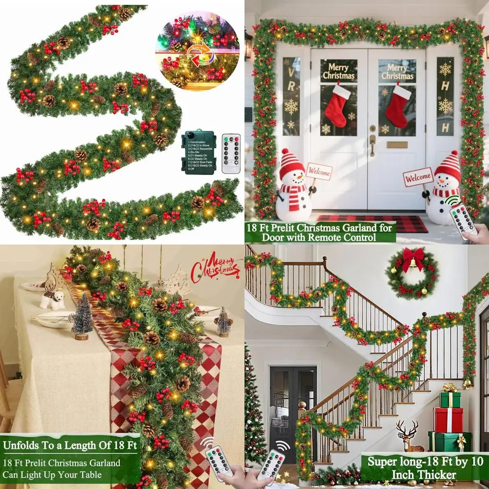 

Extra Long 18-Foot Prelit Christmas Garland with 480 Thick Branch Tips, Pinecones, Red Berries, and 100 Warm White & Multicolor