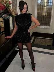 KONDALA Sexy Sequined Black Mini Party Dress Women Short Sleeve O Neck Sleeveless Dress Fashion 2025 Autumn Evening Club Dress