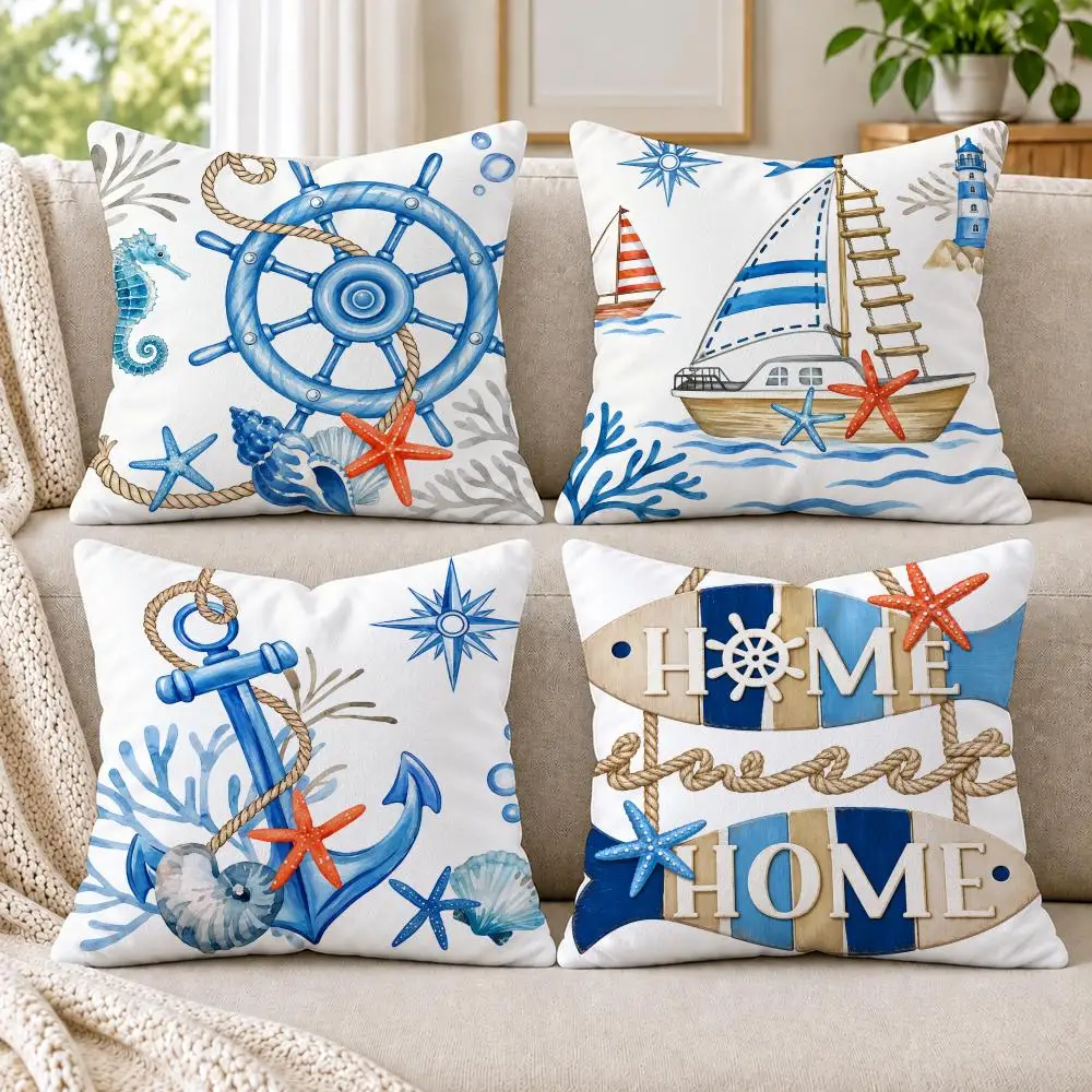 Nautical Ship Wheel Anchor Sailboat Cushion Cover Soft Short Plush Pillow Cases Hidden Zipper Sofa Bedroom Home Decor Gift