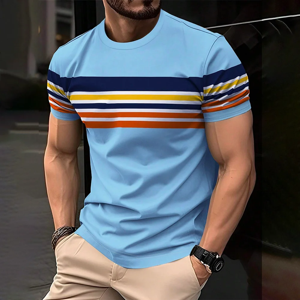 

Fashion Stripe Print T Shirt For Men Casual Simple O-neck Short Sleeve Top Summer Breathable Oversized T-shirt Business Clothing